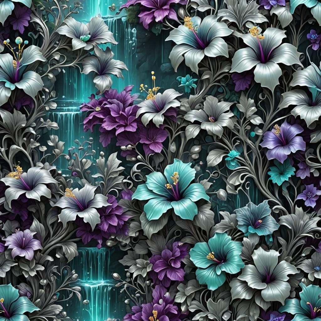 Holographic Filigree Waterfall with Hibiscus, Detailed Matte...