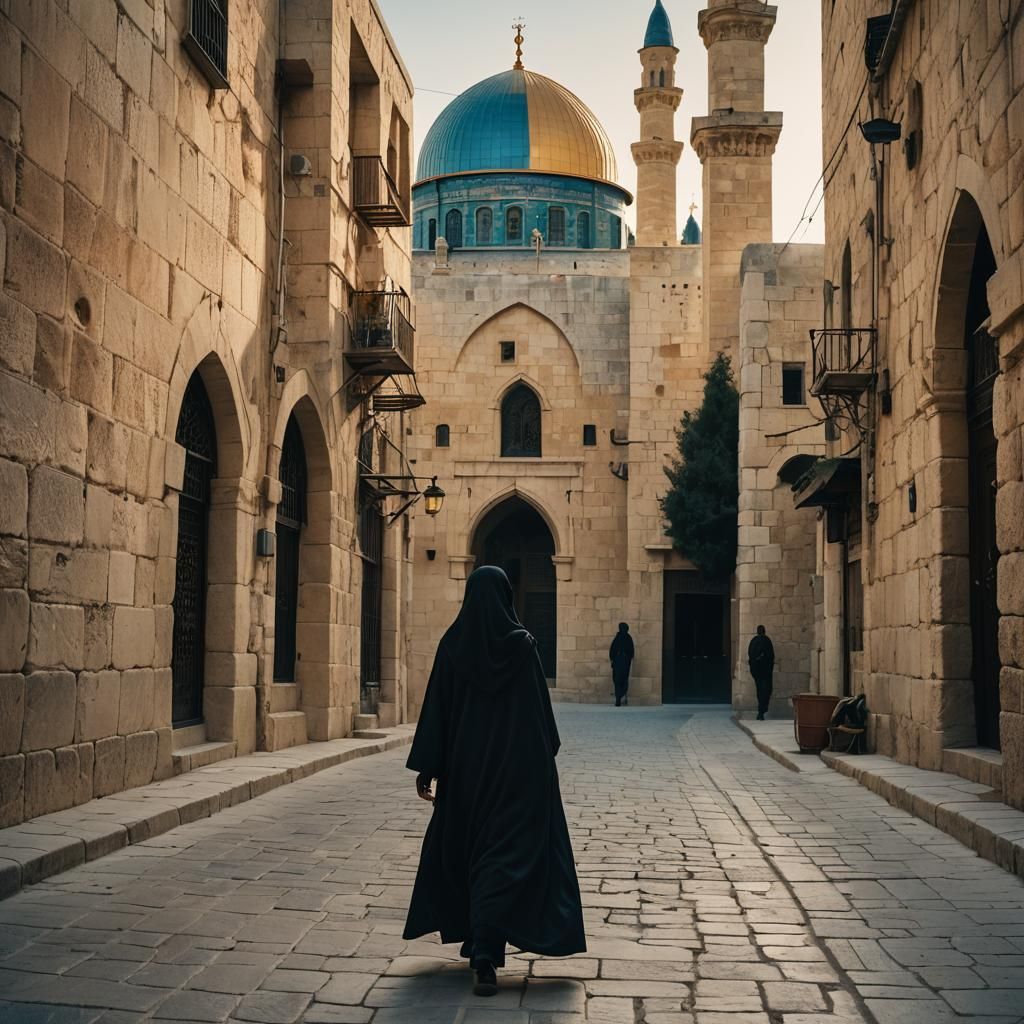 Muslim Woman in Niqab Walking Jerusalem Street