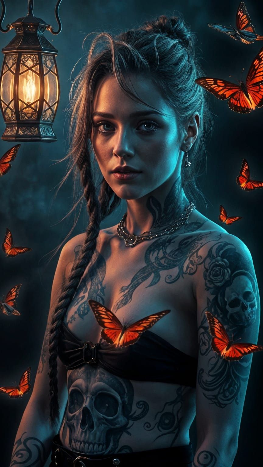 Skull Tattoo Woman Portrait in Fantasy Style