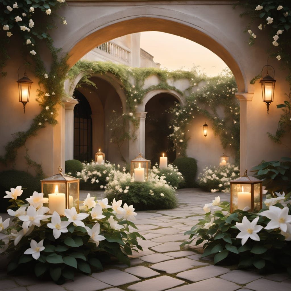 🌟 Jasmine:
An elegant courtyard under a velvet night sky, bathed in golden candlelight. Lush jasmine vines cascade from...