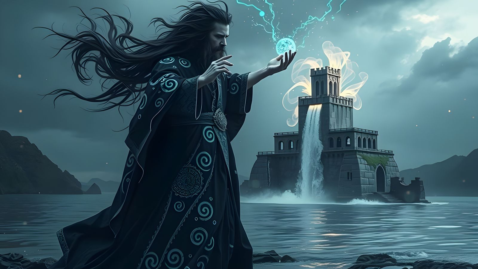 Wizard Unleashes Magical Tower from Lake in Ethereal Black R...