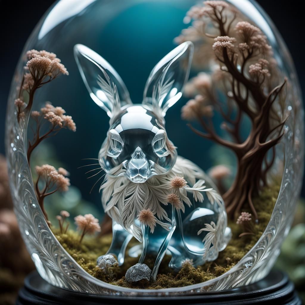 Amazing Macro shot of Resin fairyscape clear crystal bunny b...