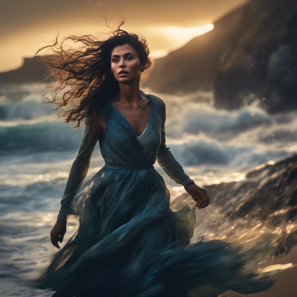 Woman on Windswept Coastline in Cinematic Lighting
