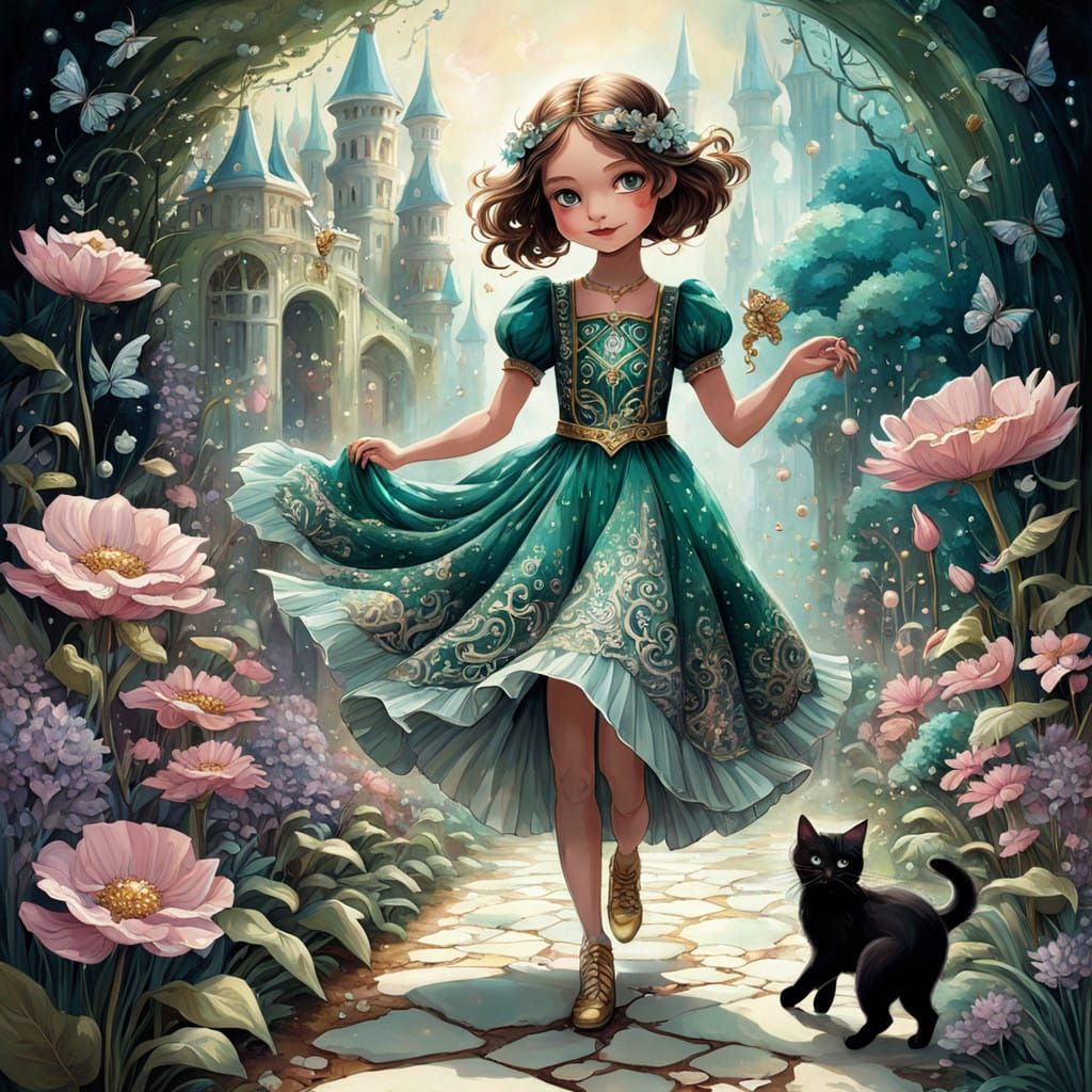Girl and Kitten Stroll Through Enchanted Garden in Whimsical...