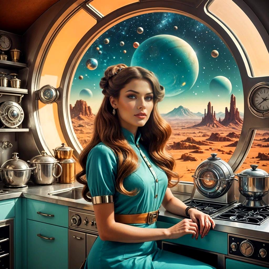50s Woman in Futuristic Art Deco Kitchen on Mars