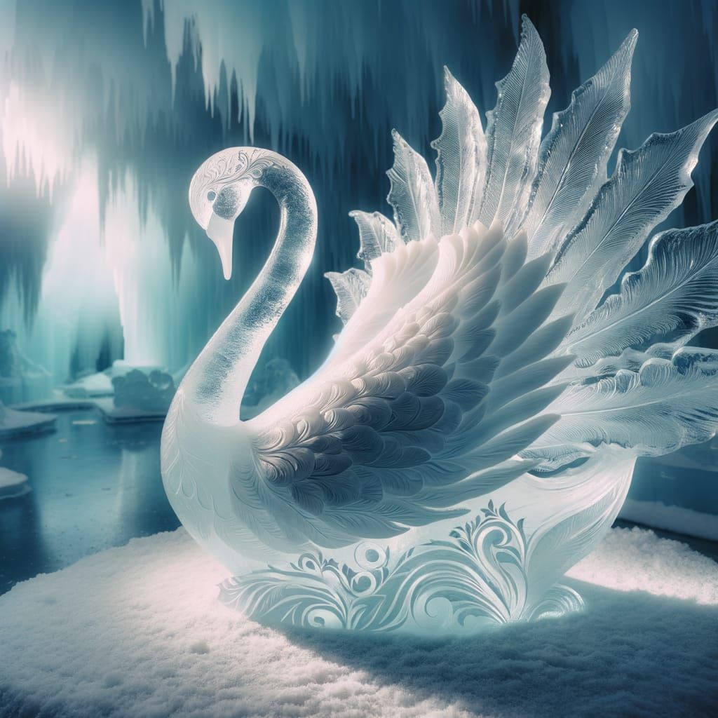 Surreal Ice Sculpture of a Regal Swan in Dreamy Winter Lands...
