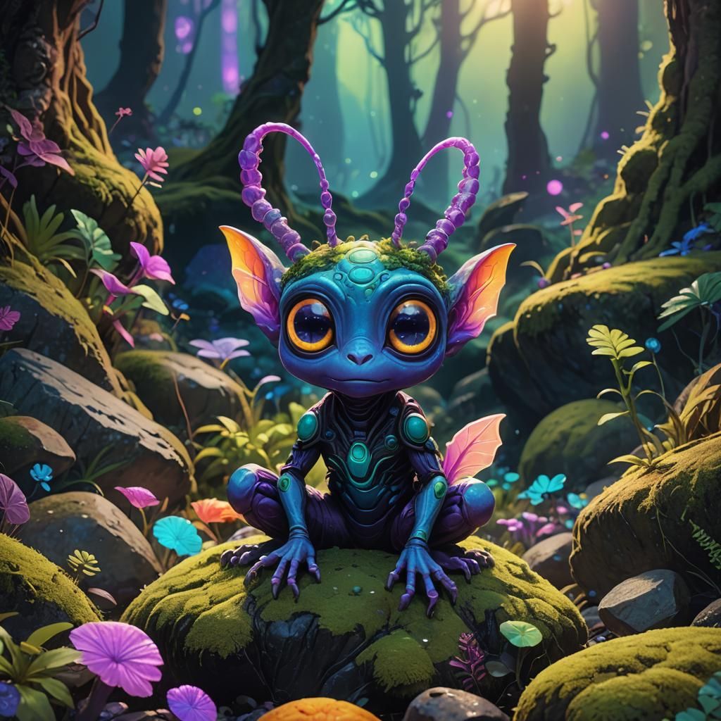 Cute Alien in Bioluminescent Forest: Digital Art