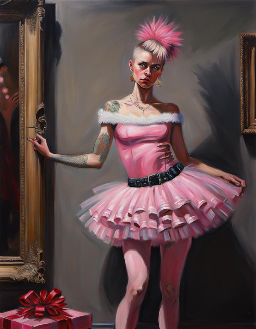 Punk Christmas Girl in Tutu: Hyperrealistic Oil Painting
