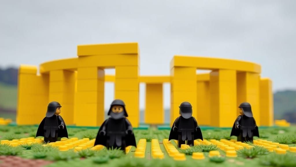 Lego Stonehenge with Druids in Yellow Bricks