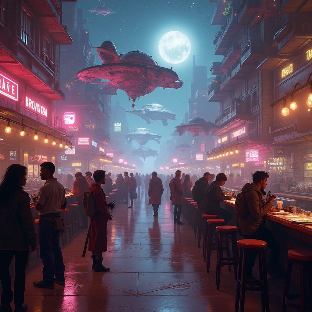 Vibrant Spaceport Cantina with Intergalactic Travelers