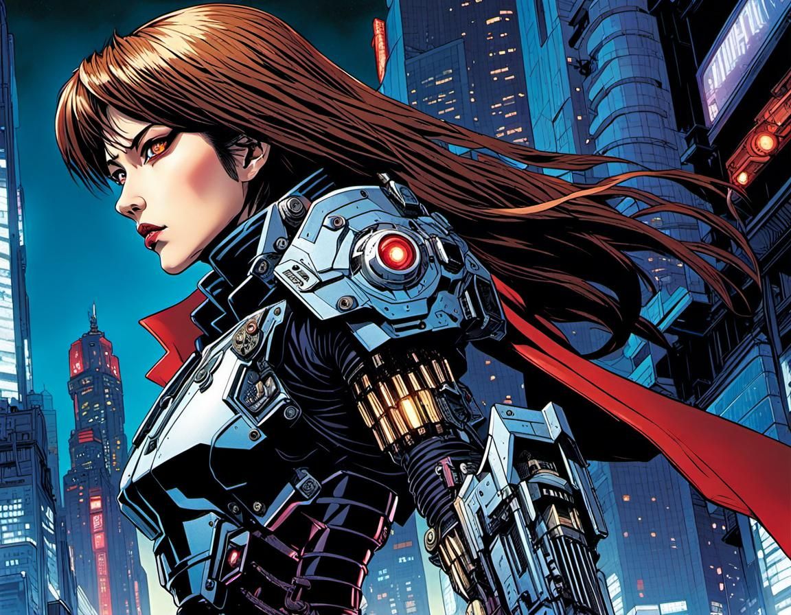 Cyberpunk Cyborg Bounty Hunter in Neon Lights