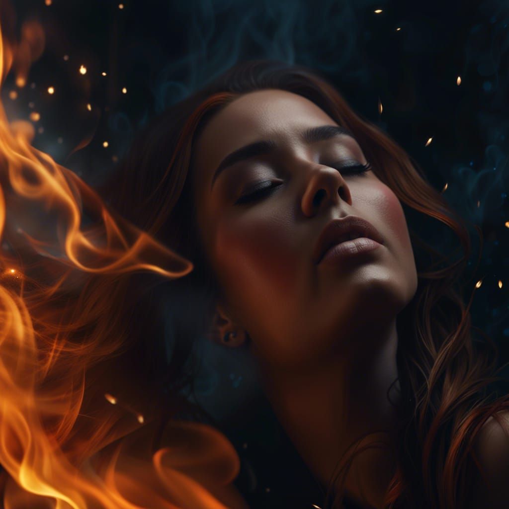 Burning Woman Close-Up: Intricate Details in Dark Atmosphere
