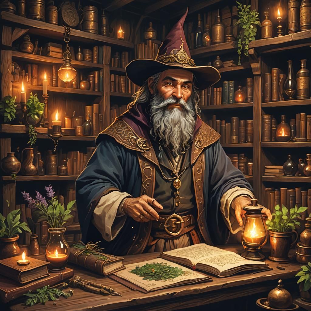 Alchemist in Tavern Workshop as Fantasy Concept Art