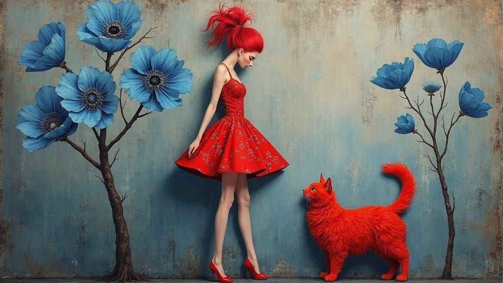 Glamorous Woman and Cat in Surreal Floral Scene