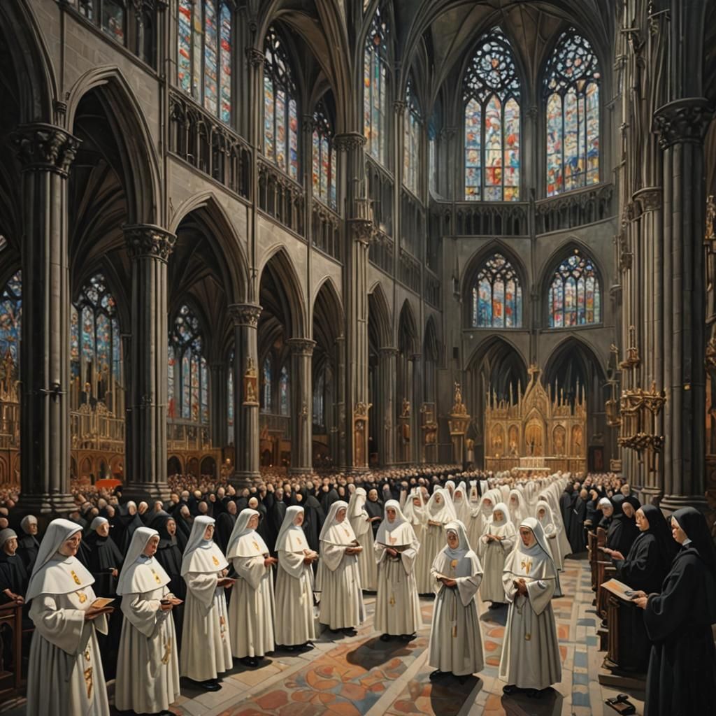 Nuns in Gothic Cathedral: An Oil Painting