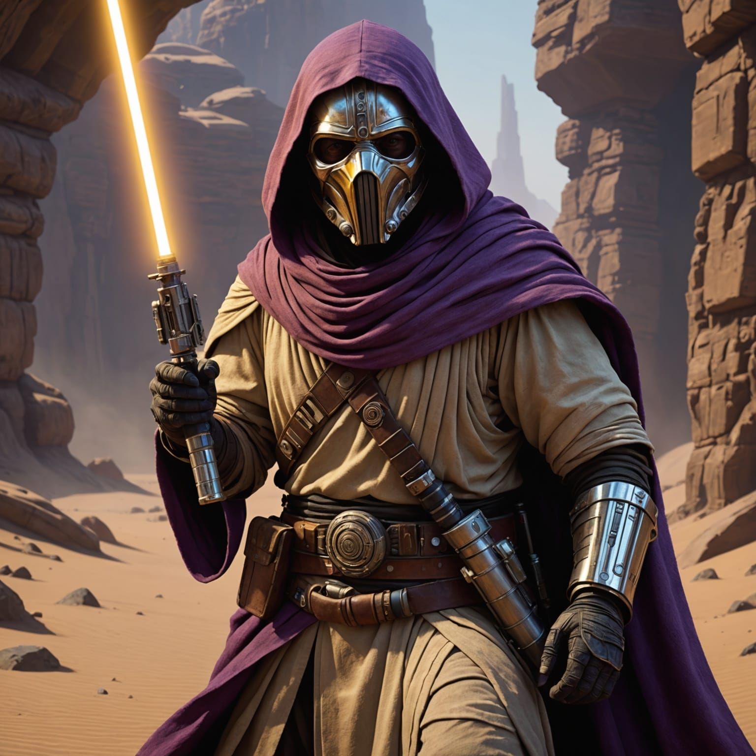 Tusken Raider Jedi with Lightsaber, Detailed Fantasy Art