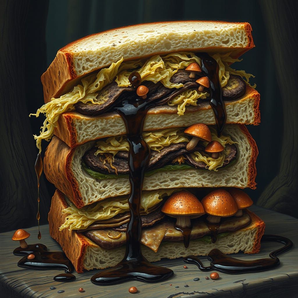 Dark Fantasy Sandwich in the Style of Beksiński and Froud