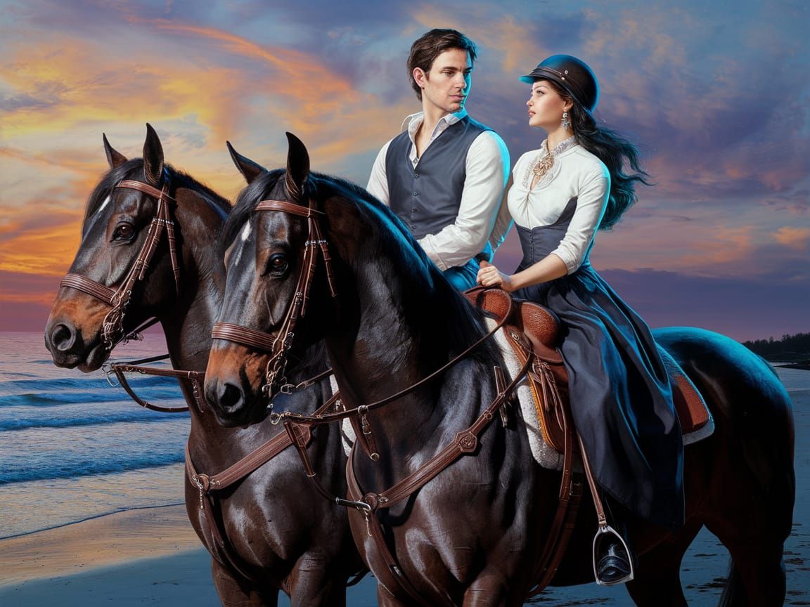 Romantic Beach: Hyperrealistic Oil Painting of Riders