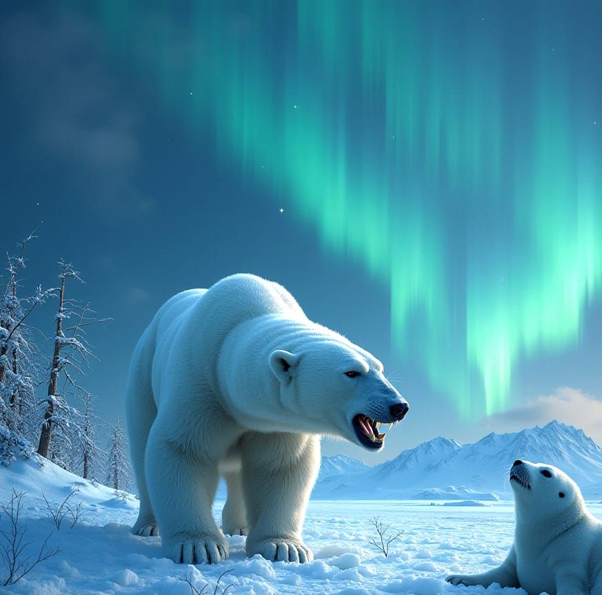 Polar Bear Hunting Seal on Arctic Ice, Art Deco Style