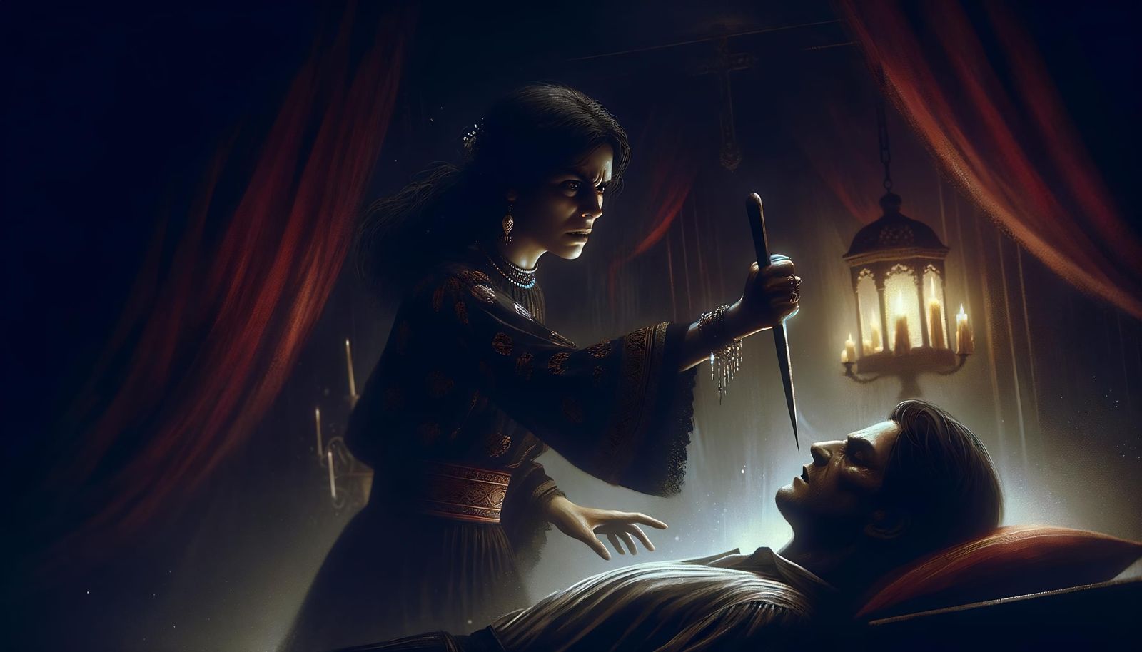 Vengeful Woman Stakes Figure in Dark Fantasy Setting