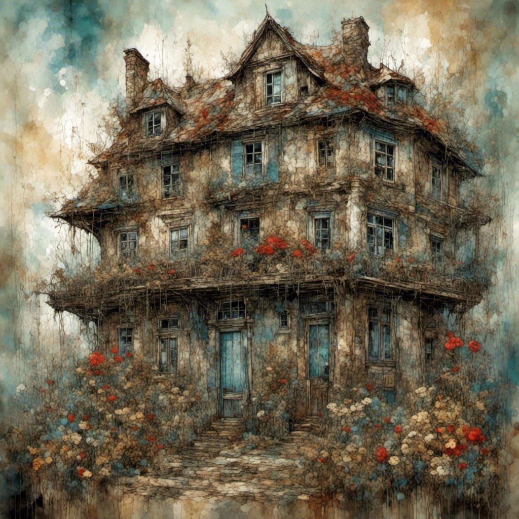 Charming Old House with Flowers and Birds