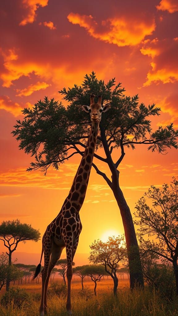 Giraffe Reaches for Serene Savanna Sunset
