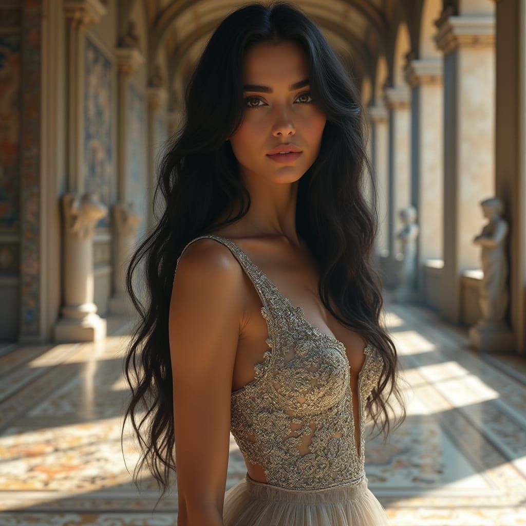 Elegant Woman in Silver Gown, Renaissance Style