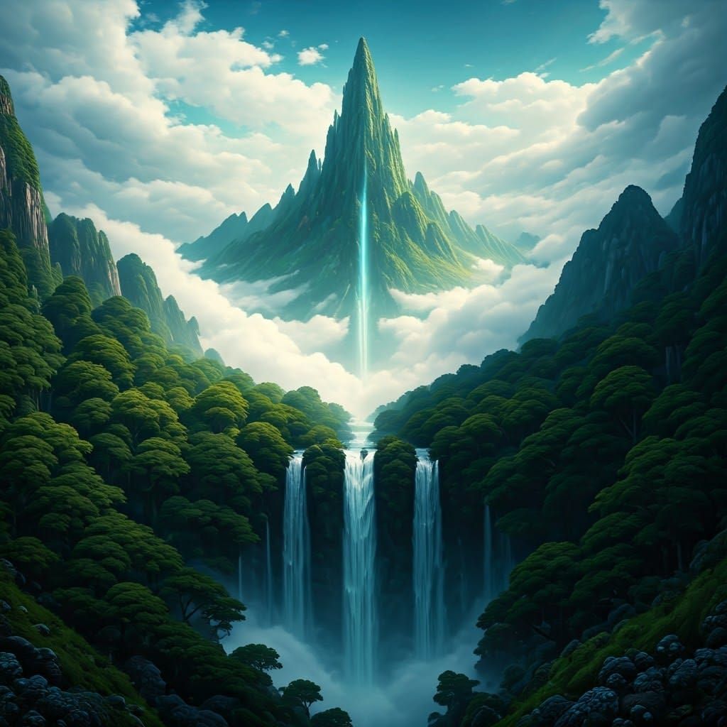 Mystical Mountain Range with Majestic Falls in Ethereal Fog