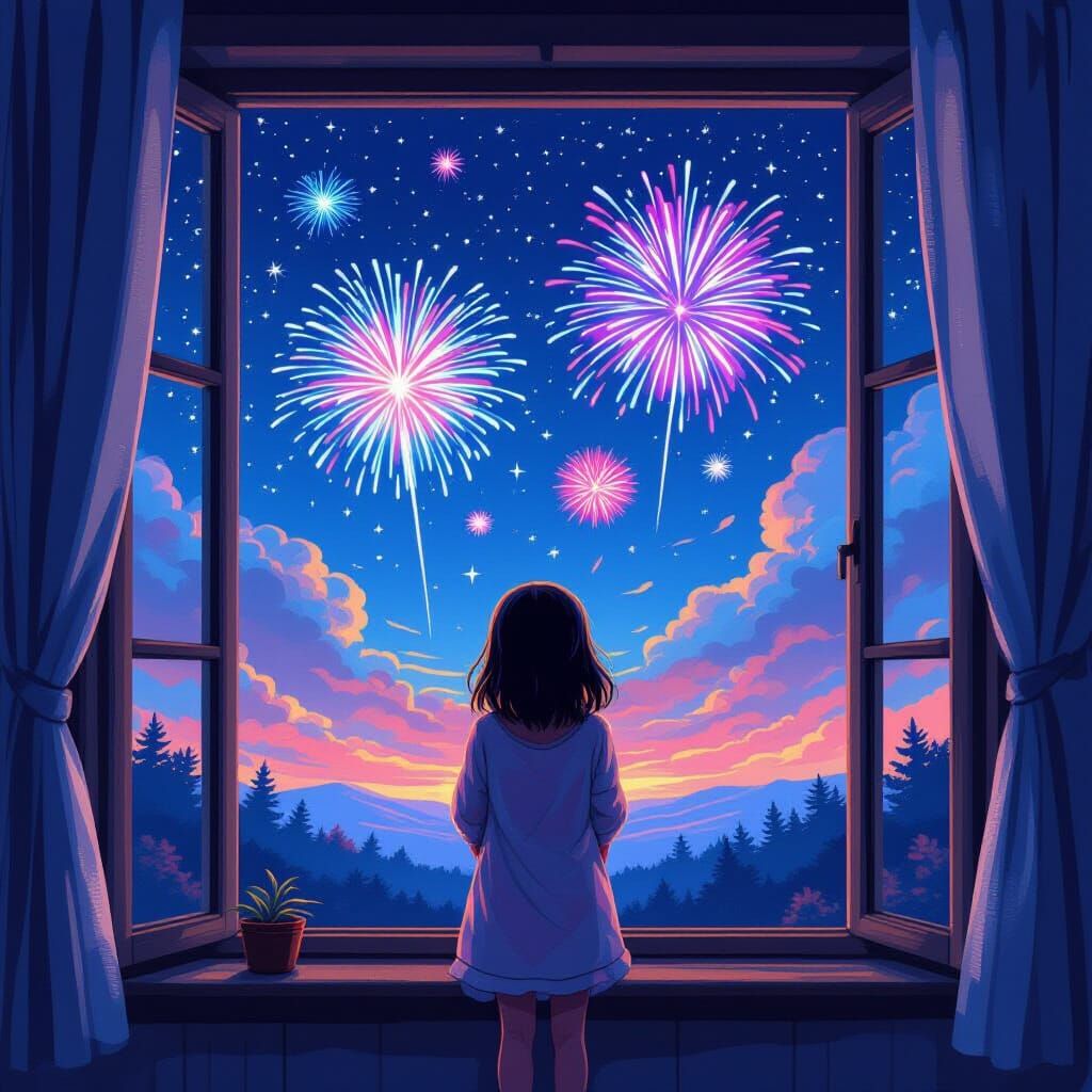 Girl Watches Vibrant Fireworks at Night