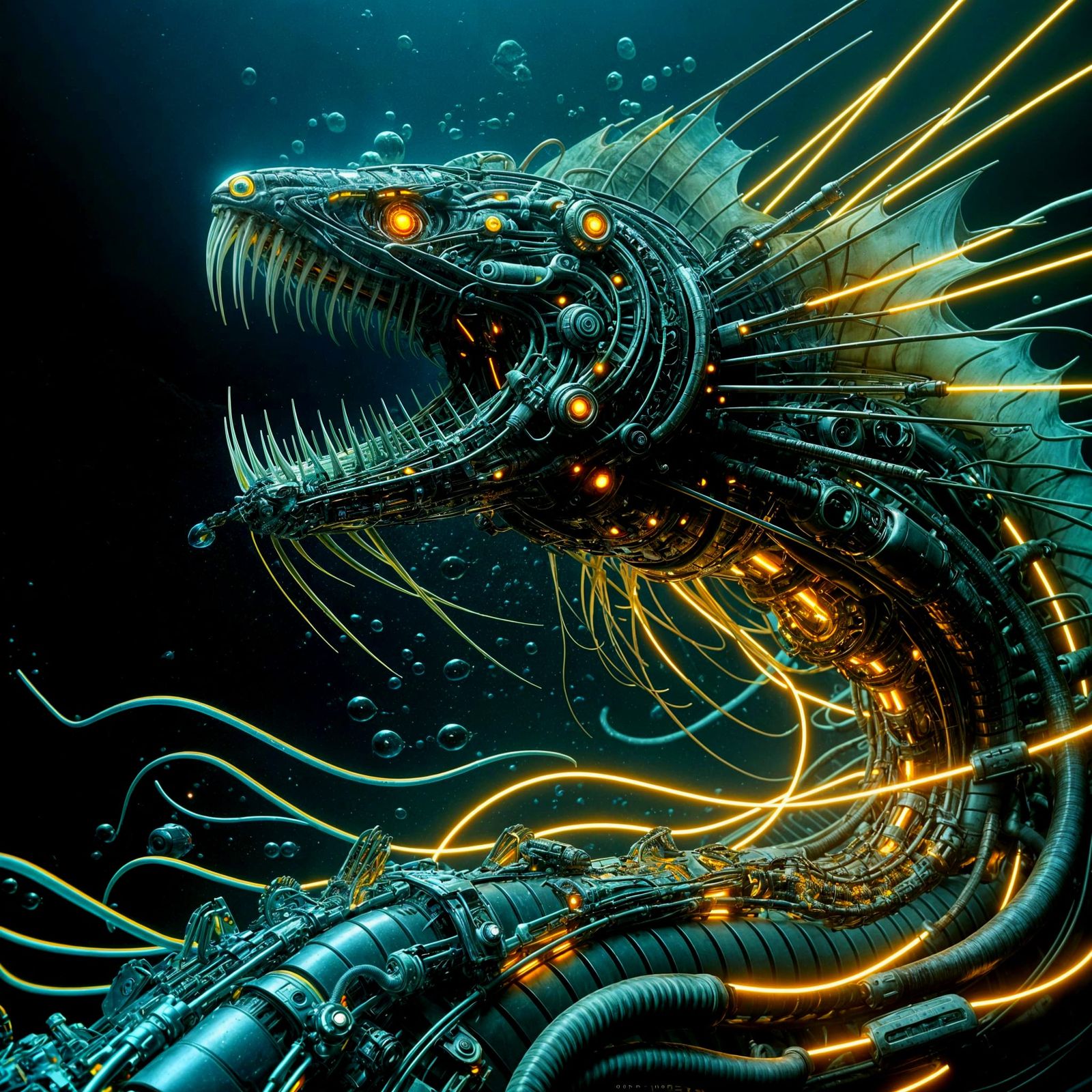 Mechanical Viper Eel in Neon Retro Ocean Depths