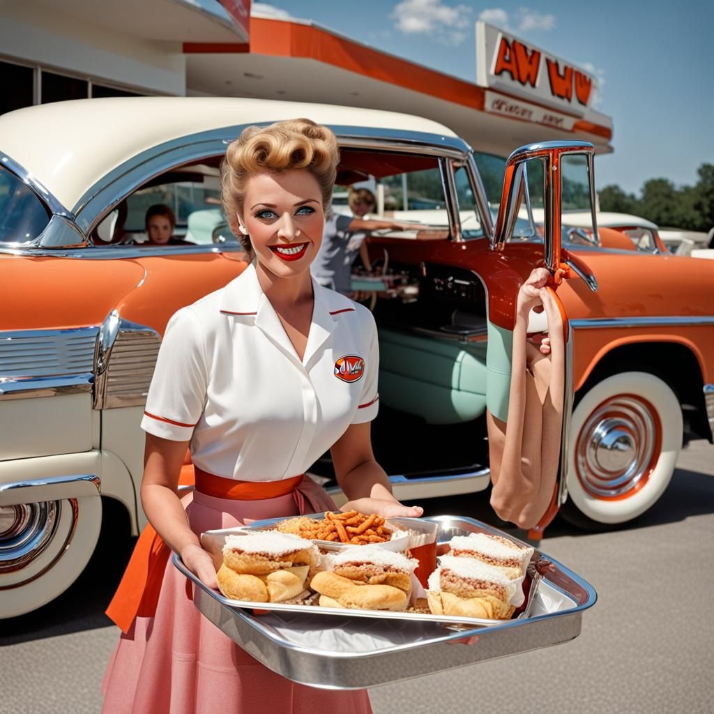 A roller skating waitress delivers food at an A&W drive in restaraunt.