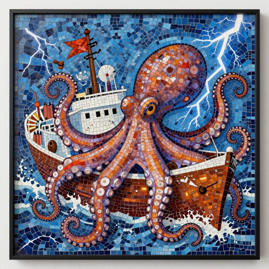 Mosaic of Kraken Attacking Ship in Storm