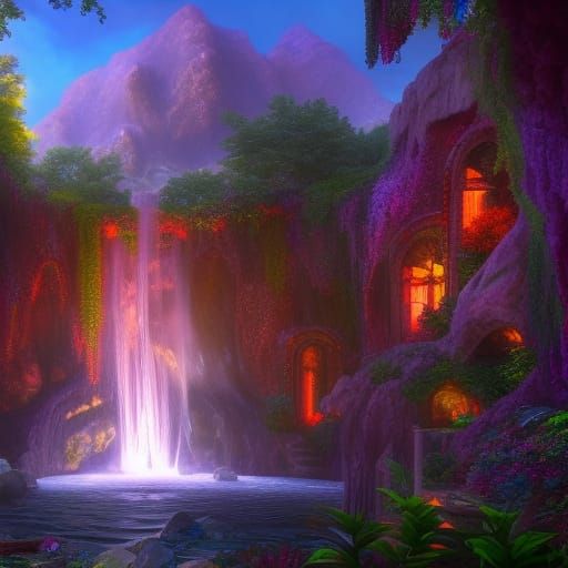 Backyard Crystal Waterfall in Detailed Matte Painting
