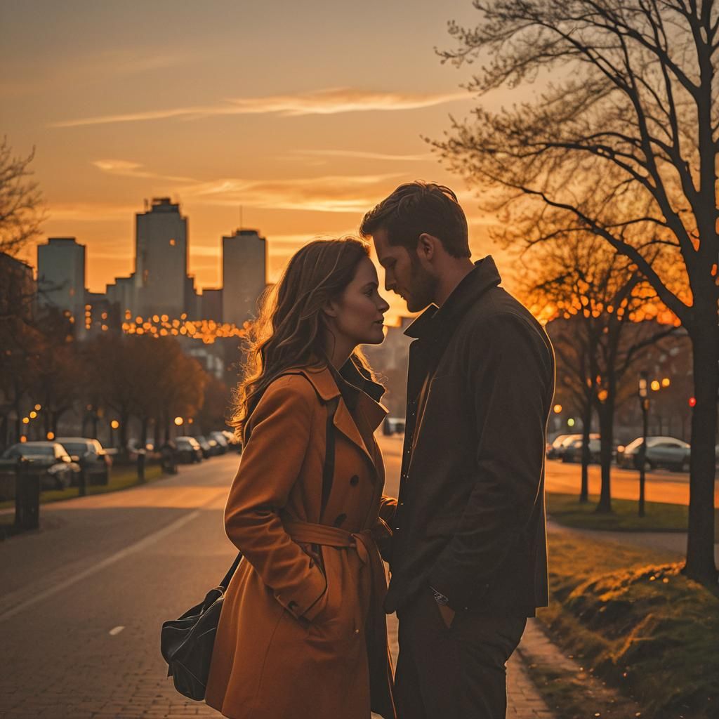 Romantic Couple Silhouetted at Sunset in Golden Light