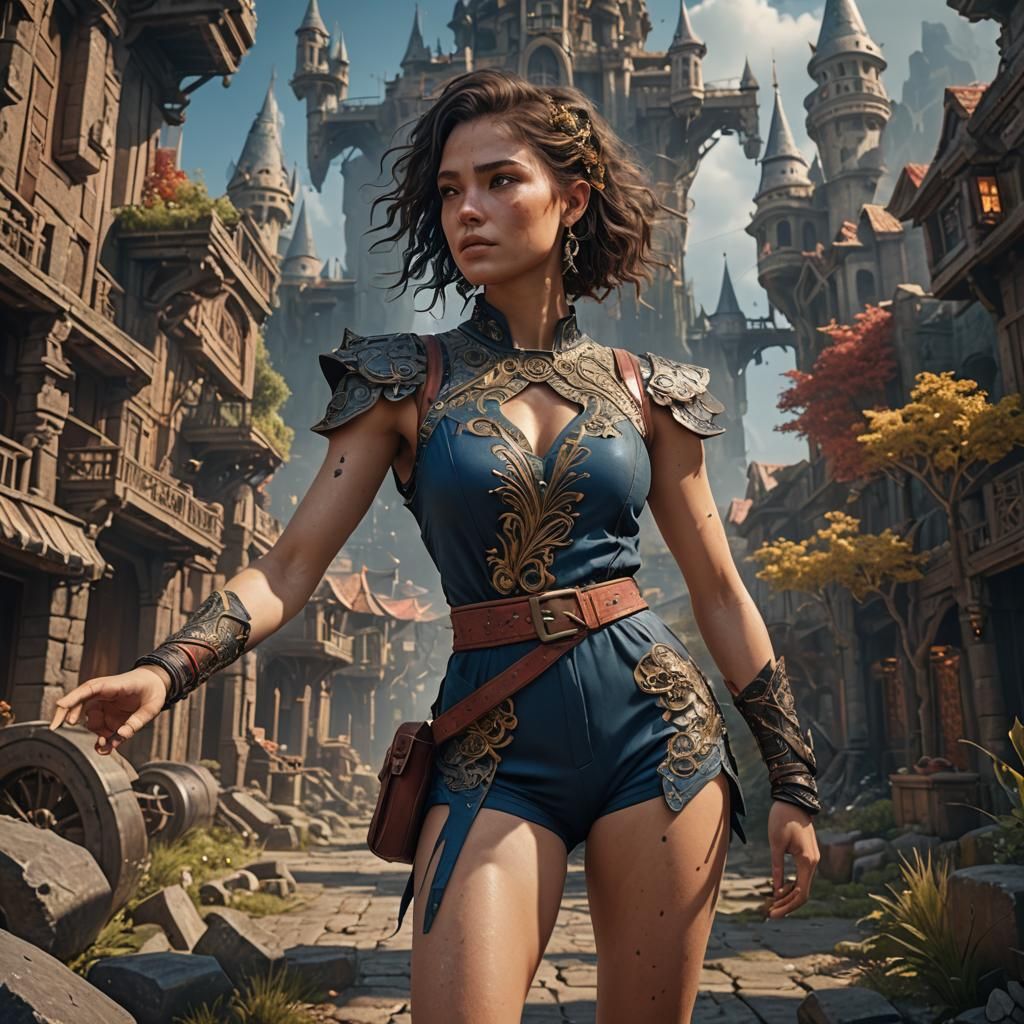 Woman in Romper: Detailed Fantasy Concept Art