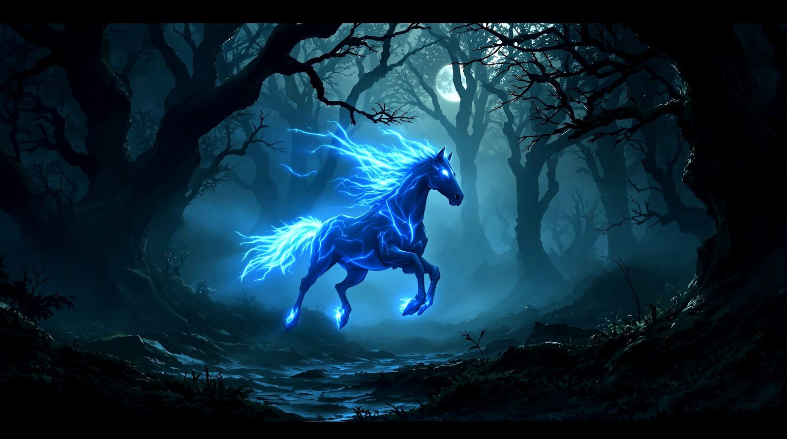 Spectral Horse Galloping Through Misty Ancient Forest