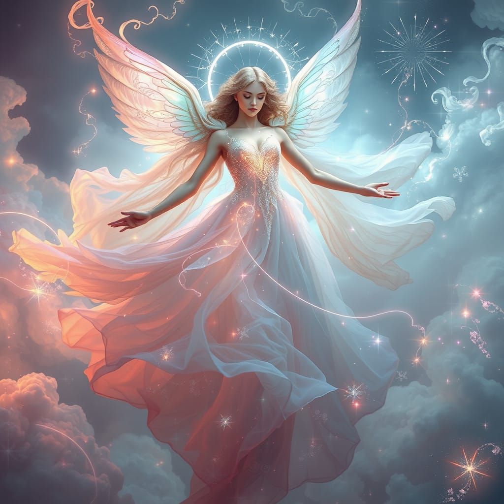 Angel Goddess Vibrates with Ethereal Aura in Dreamy Landscap...
