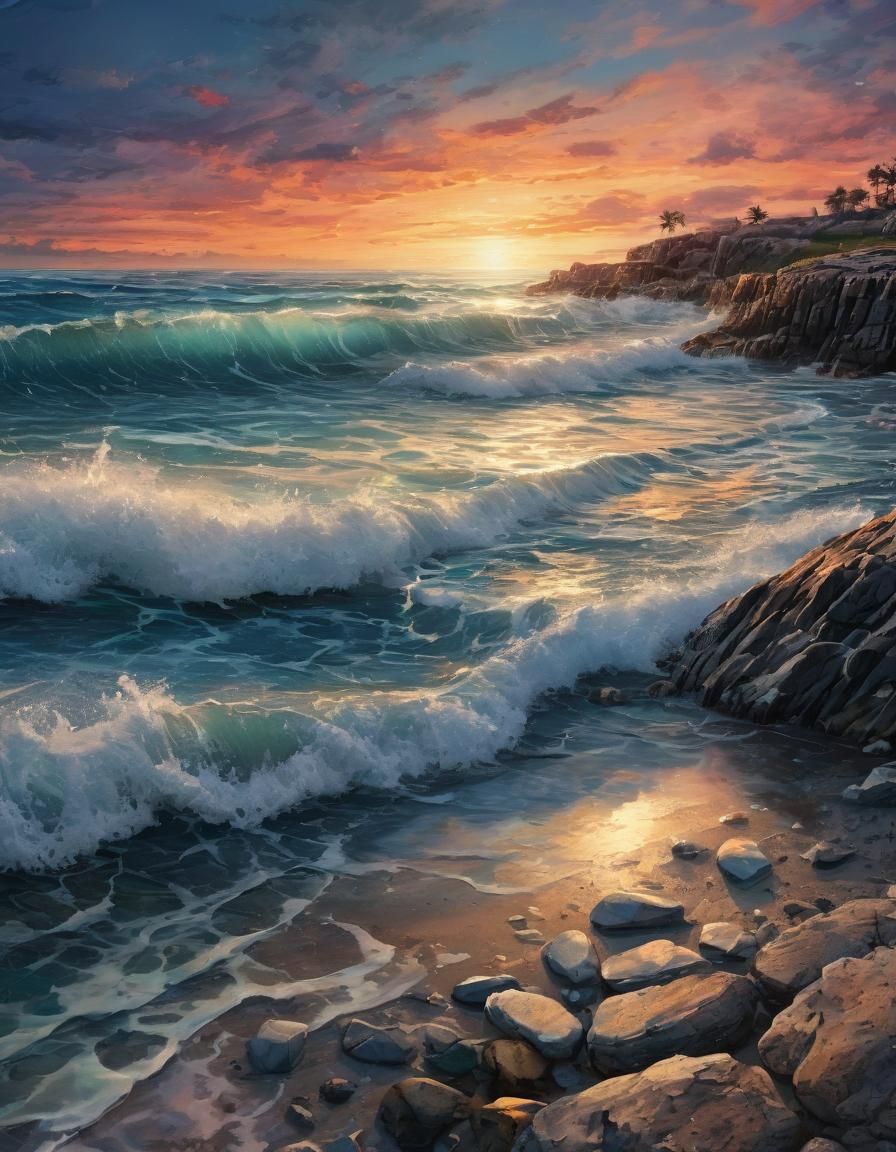 Watercolor Sunset Over Rocky Shoreline Galaxy