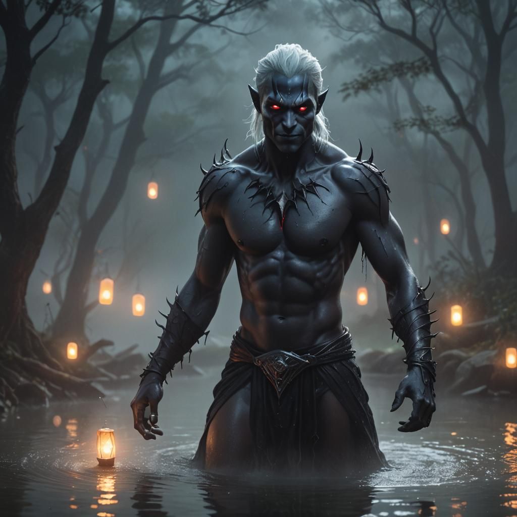 Handsome Drow Emerges from Misty Pond