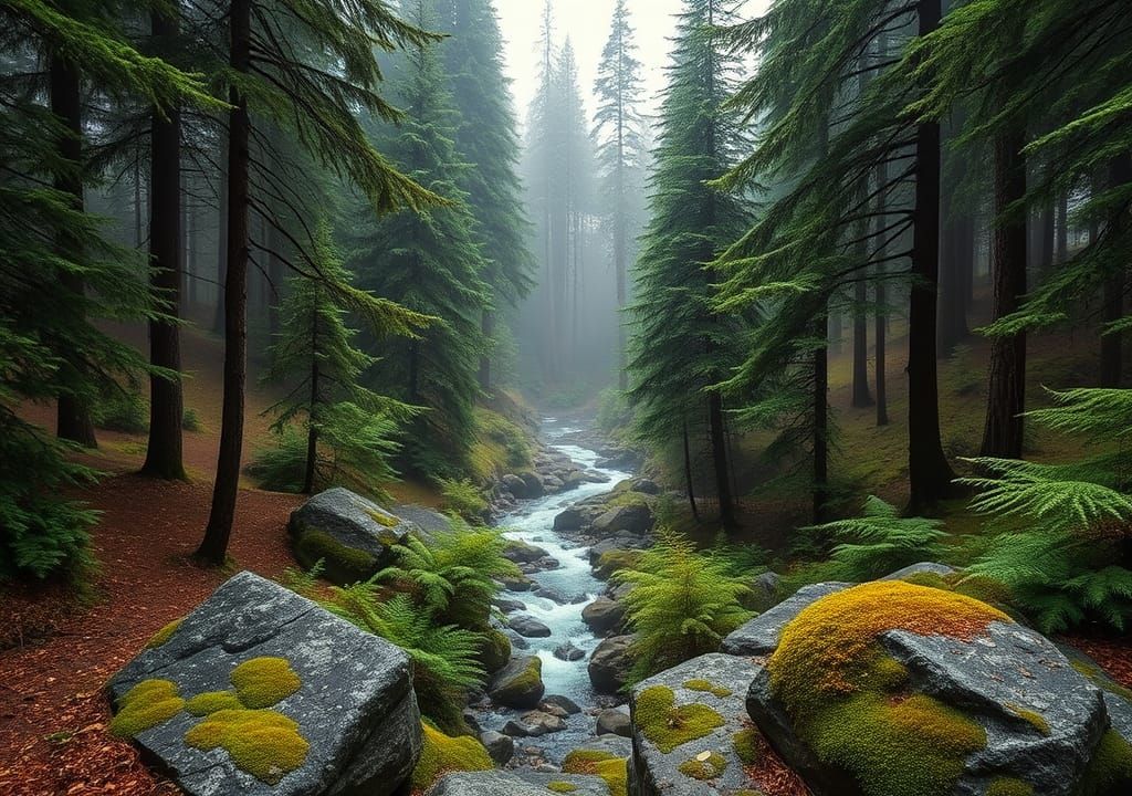California Evergreen Forest Scene in Atmospheric Style