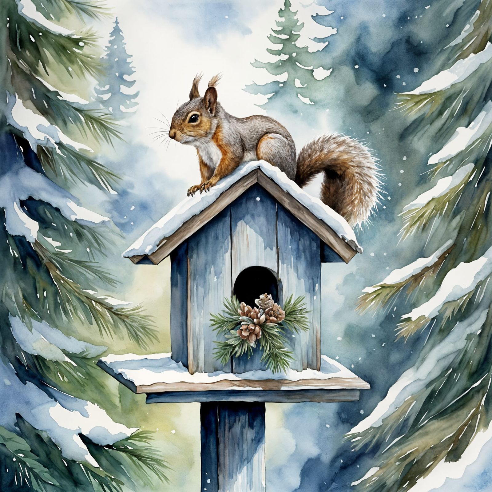 Squirrel on Birdhouse: Whimsical Winter Watercolor