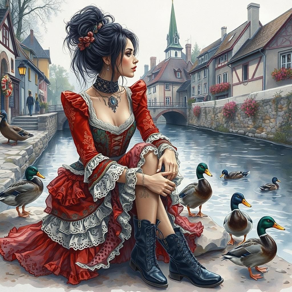 a stunning woman, black hair, messy bun, red boho style clot...