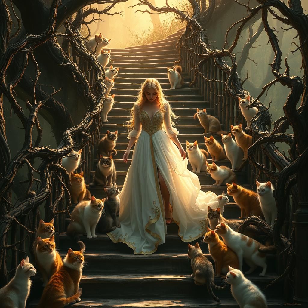 Lady of Light and Curious Cats in Mystical Forest
