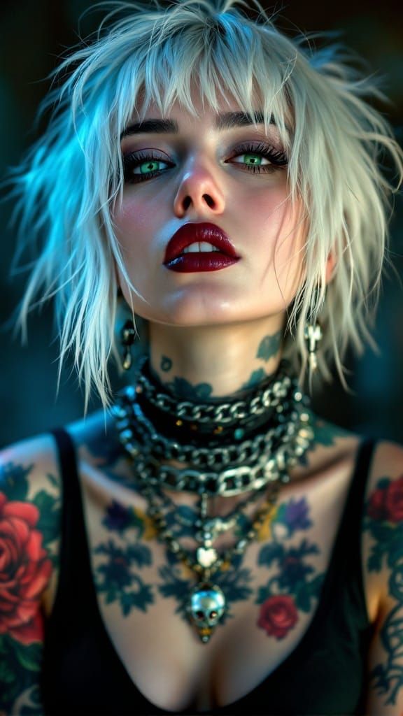 Gothic Punk Woman with Pale Hair and Bold Tattoos