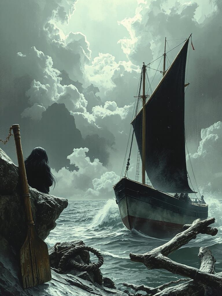 Mysterious Siren Calls to Fated Tall Ship in Stormy Ocean