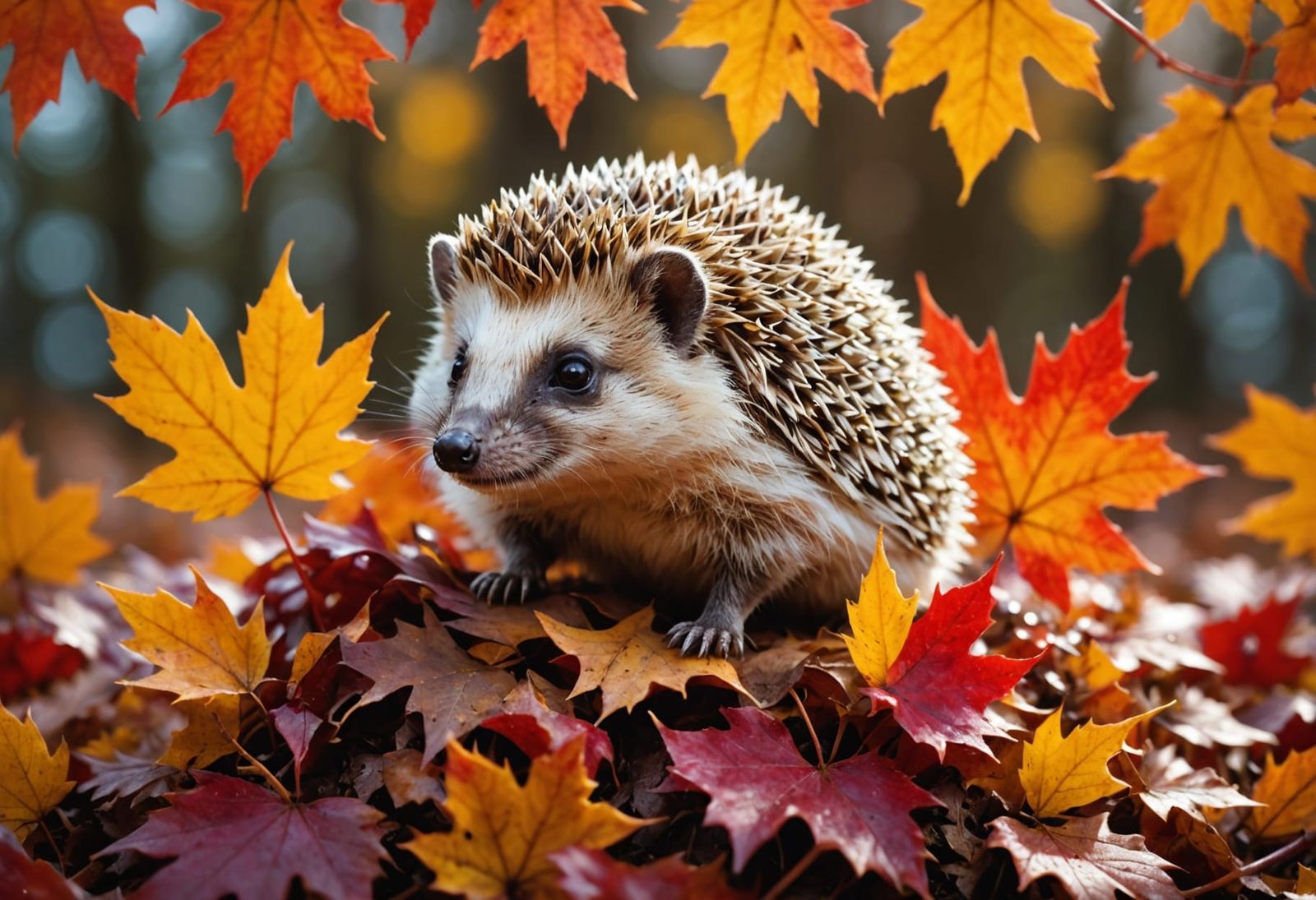 Cute Hedgehog Plays in Autumn Leaves - Photorealistic Macro
