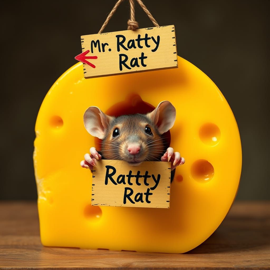 Whimsical Cheddar Cheese with Emerging Rat in Golden Yellow,...