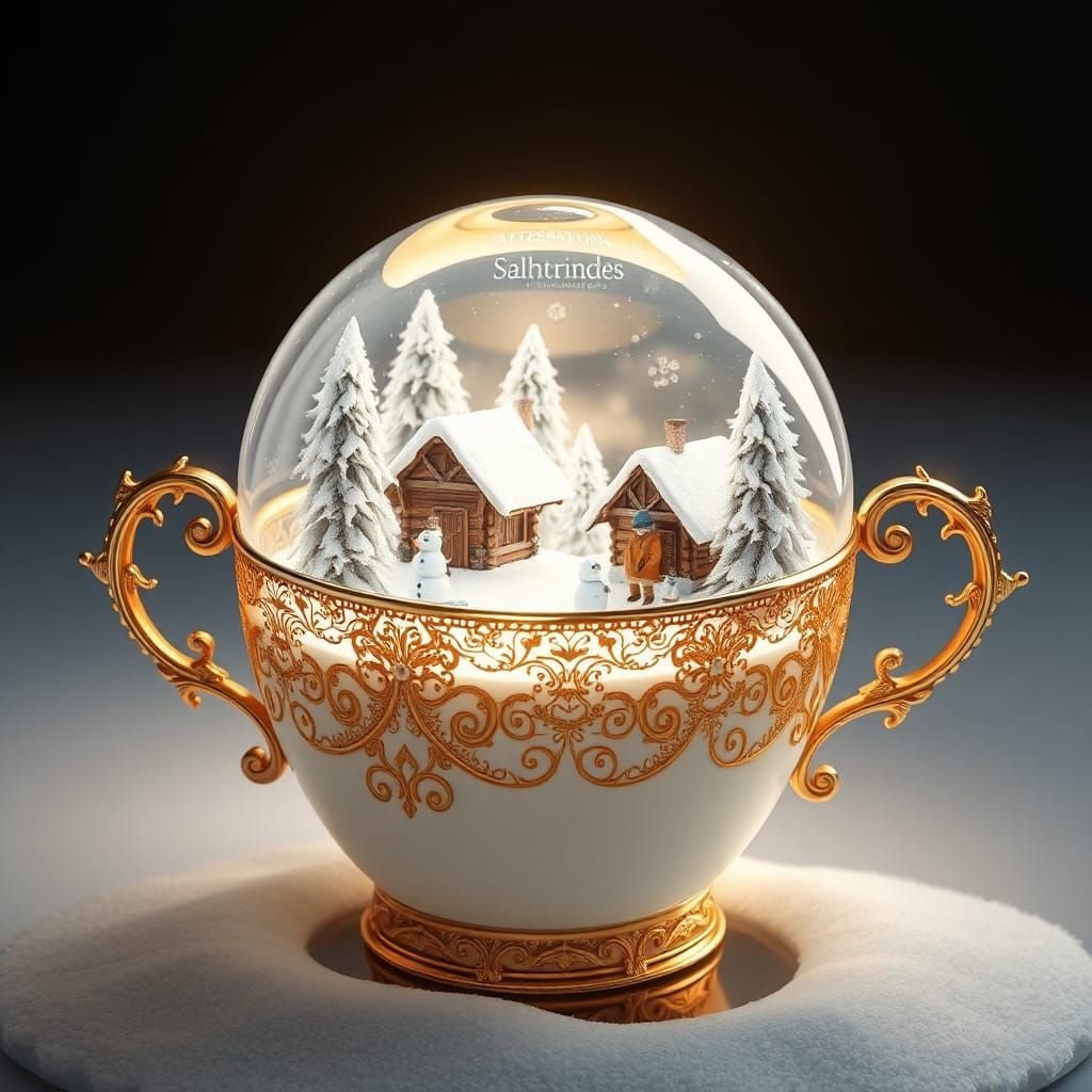 Winter Wonderland in Golden Teacup, Detailed CGI Rendering