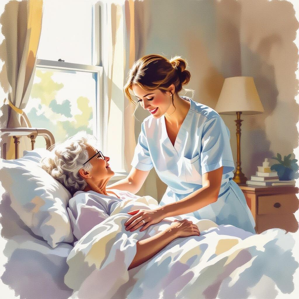 Nurse Helping Elderly Patient, Watercolor Style