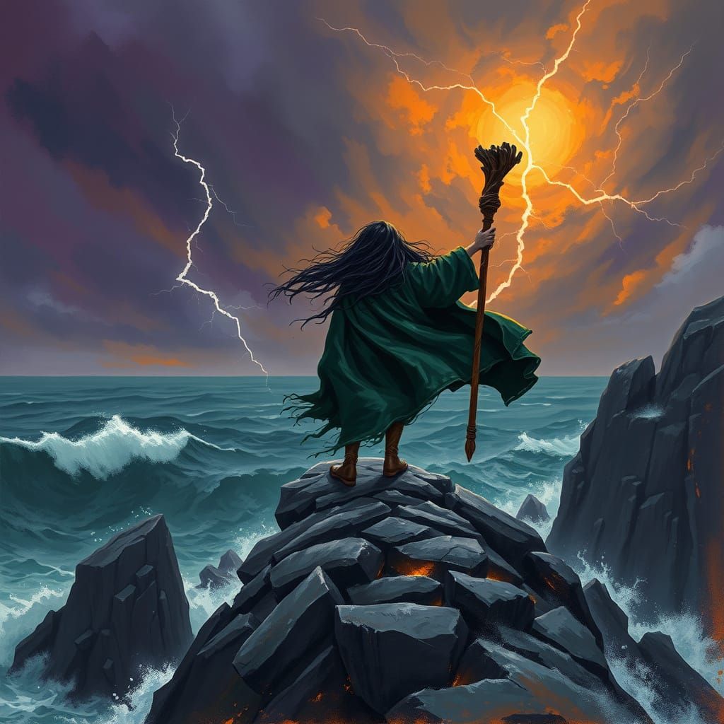 Windswept Witch Conjuring Storm on Cliff